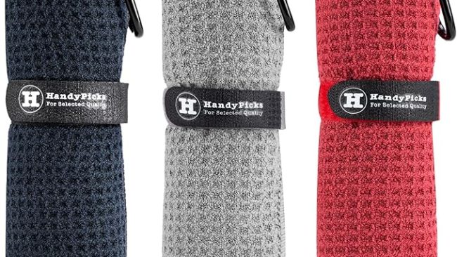 Handy Picks Microfiber Golf Towel – 16x16 Waffle Pattern with Carabiner Clip