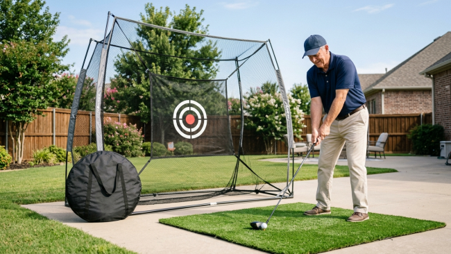 Senior golfer practicing with portable foldable golf net in backyard with folded net shown beside for storage