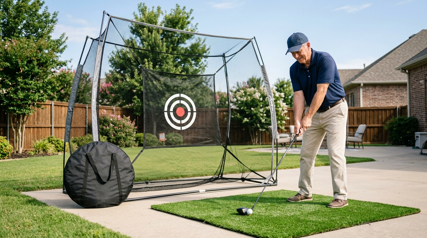 Senior golfer practicing with portable foldable golf net in backyard with folded net shown beside for storage
