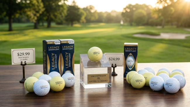 Premium low-compression golf balls with price tags displayed on wood surface with golf course in background