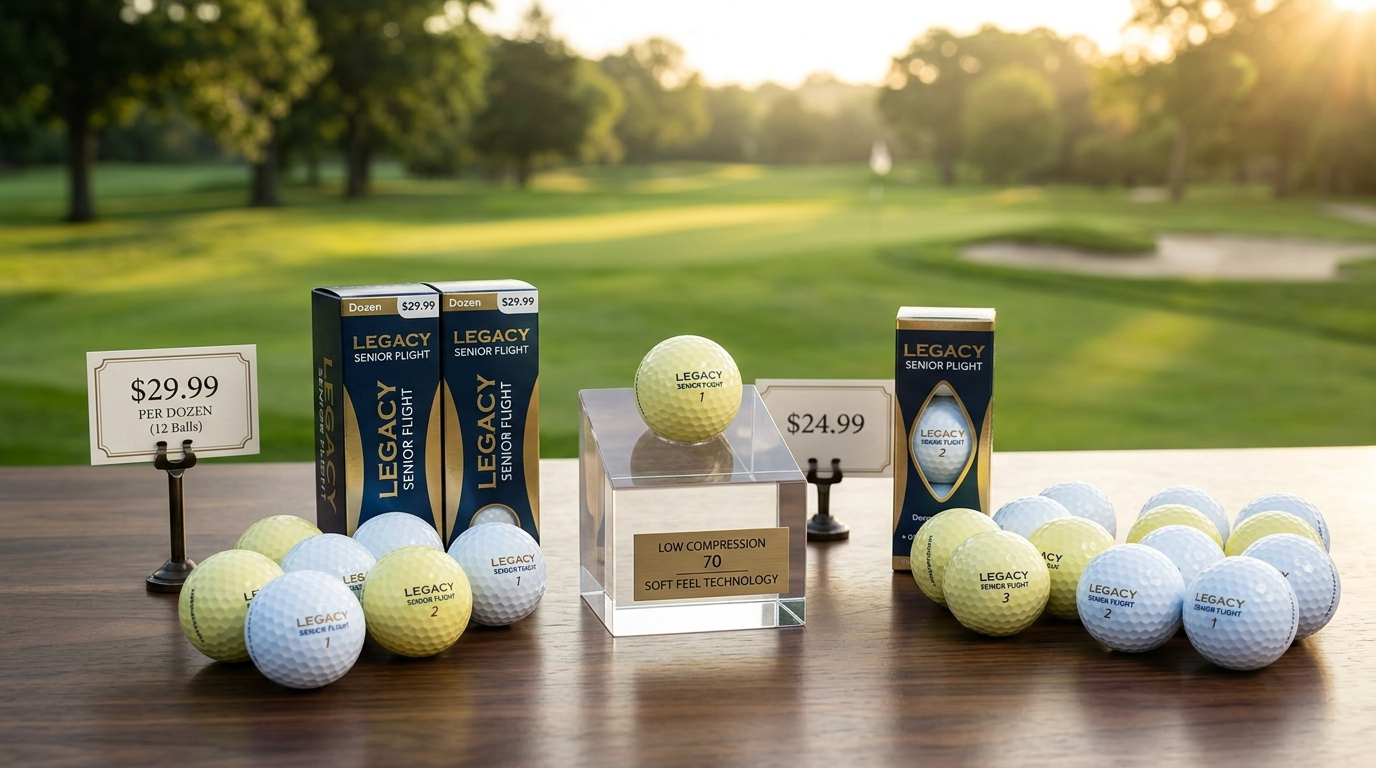 Premium low-compression golf balls with price tags displayed on wood surface with golf course in background