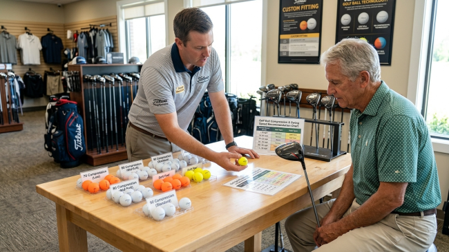 Senior golfer comparing low-compression golf balls with senior-flex clubs on table at pro shop fitting area