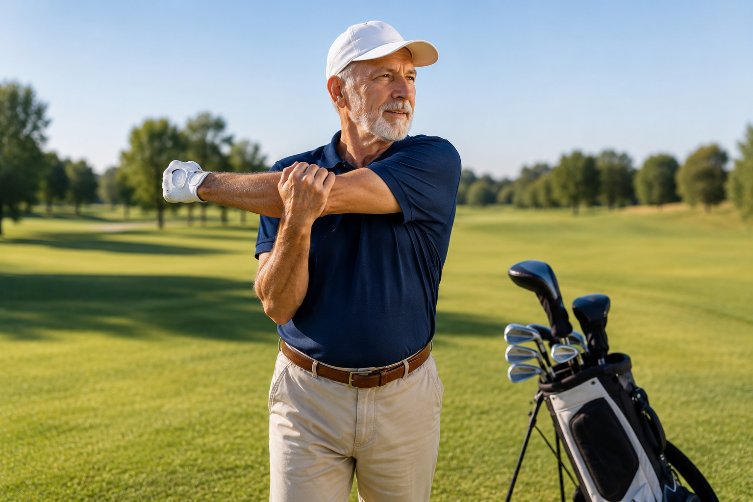 senior-golfer-stretching-before-a-round-on-a-sunny-golf-course-to-prevent-injuries