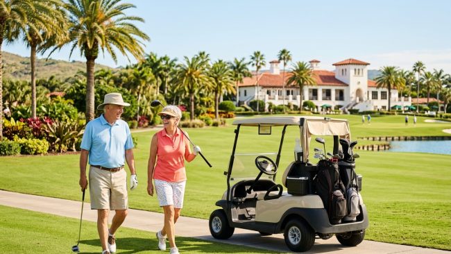 senior-couple-enjoying-a-warm-weather-golf-vacation-to-escape-winter-cold