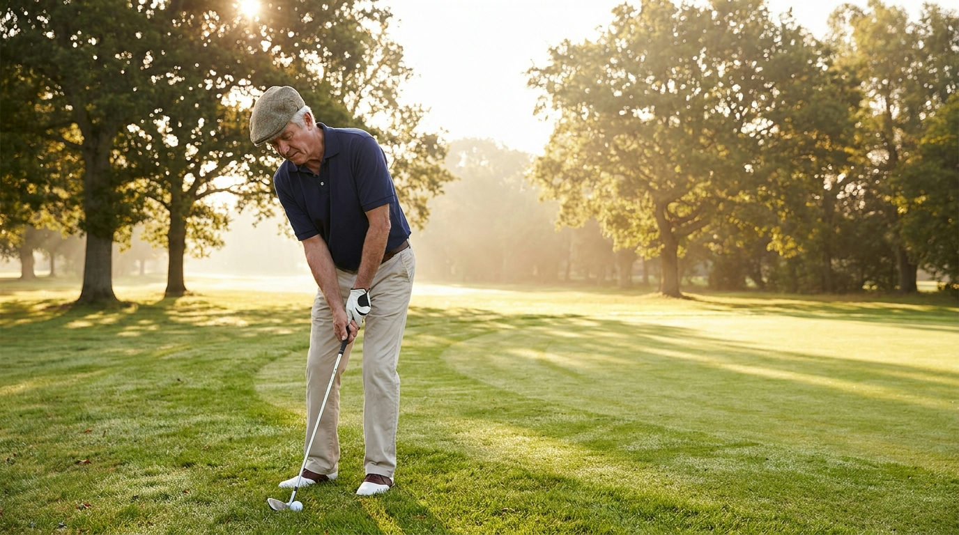 Senior golfer chipping a golf ball toward the green using proper technique