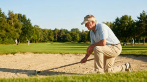 Golf etiquette rules for seniors — senior golfer raking a bunker after playing a shot