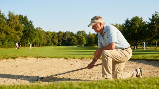 Golf etiquette rules for seniors — senior golfer raking a bunker after playing a shot