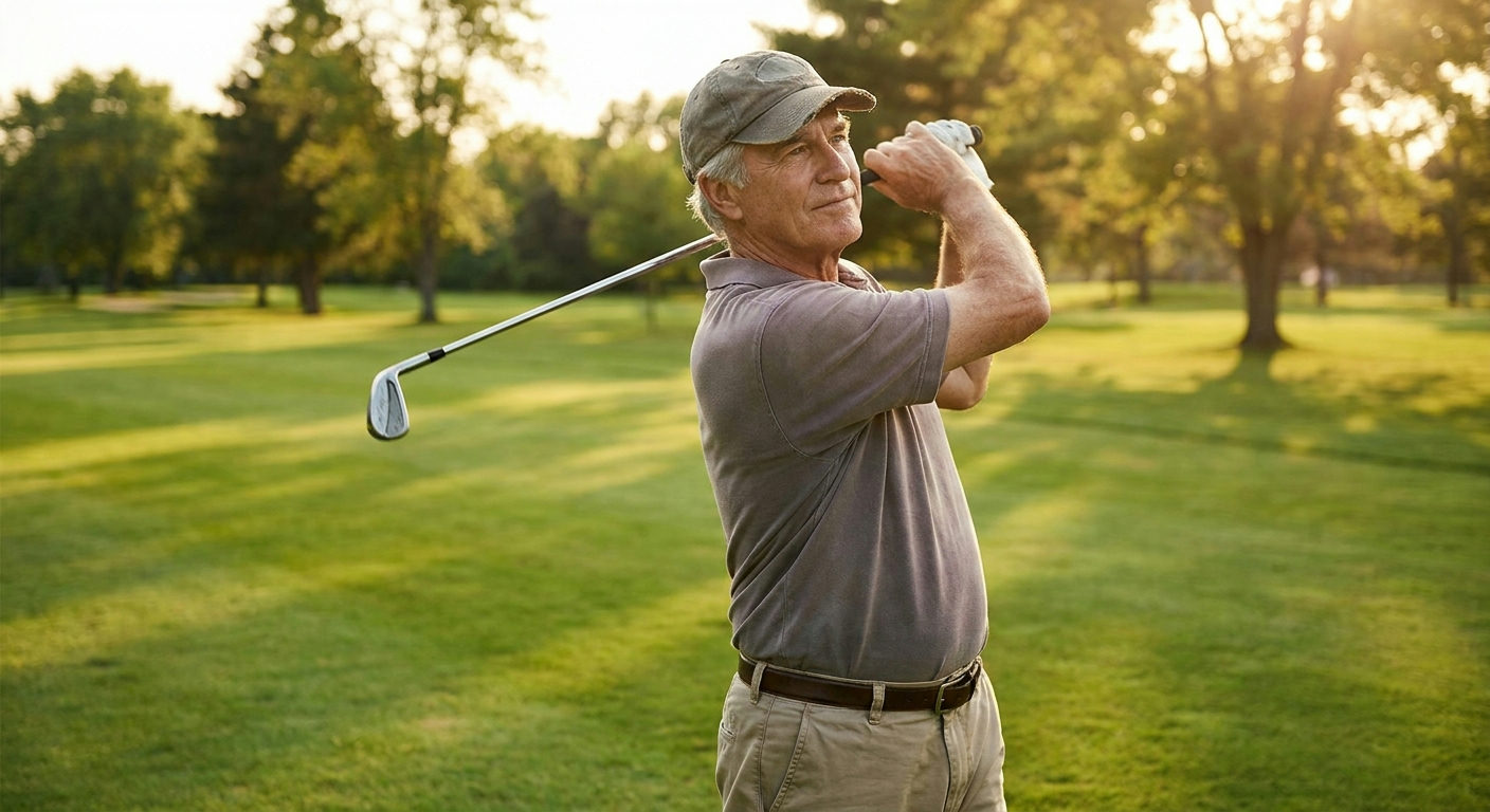 Senior golfer demonstrating smooth golf swing tempo at the top of backswing on fairway